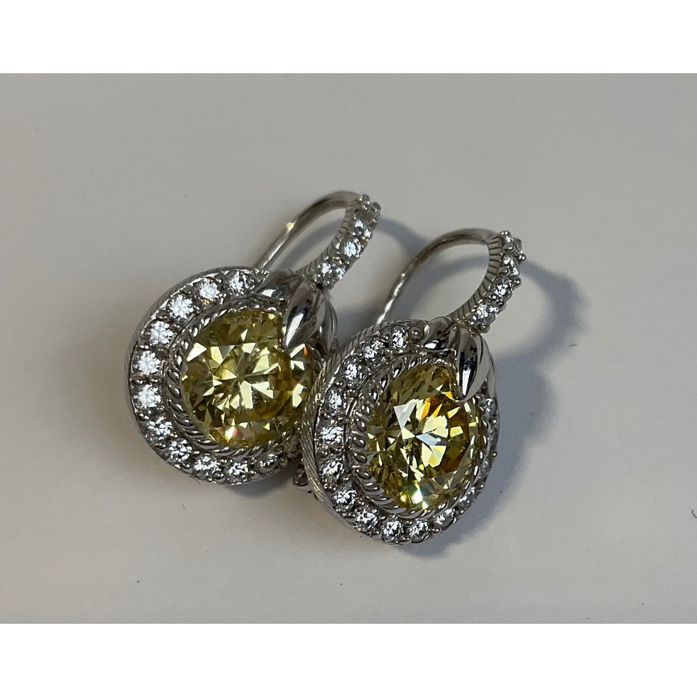 Judith Ripka Sterling Silver Canary Yellow CZ Halo Leverback Drop Earrings